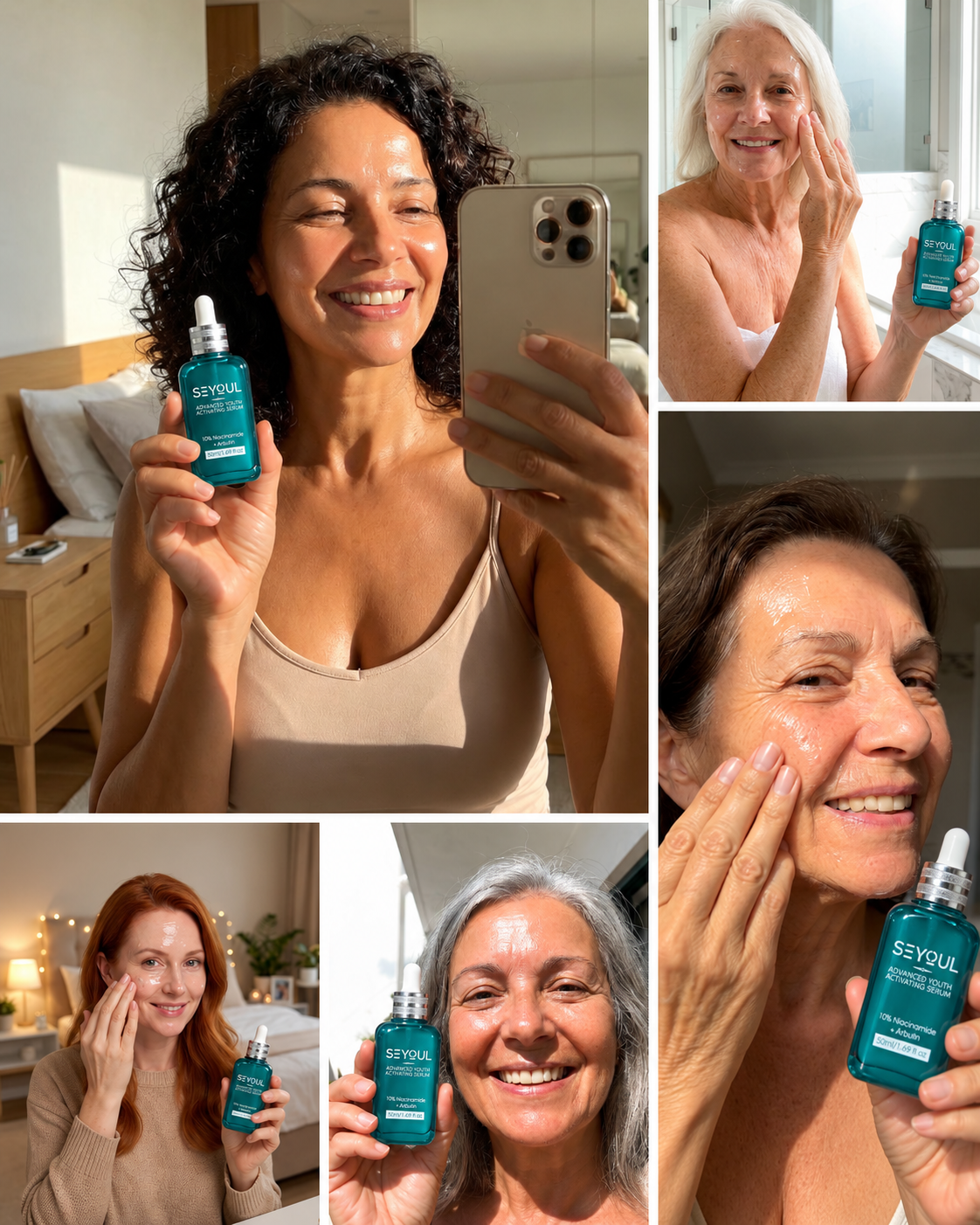 Collage de mujeres sosteniendo el sérum SEYOUL