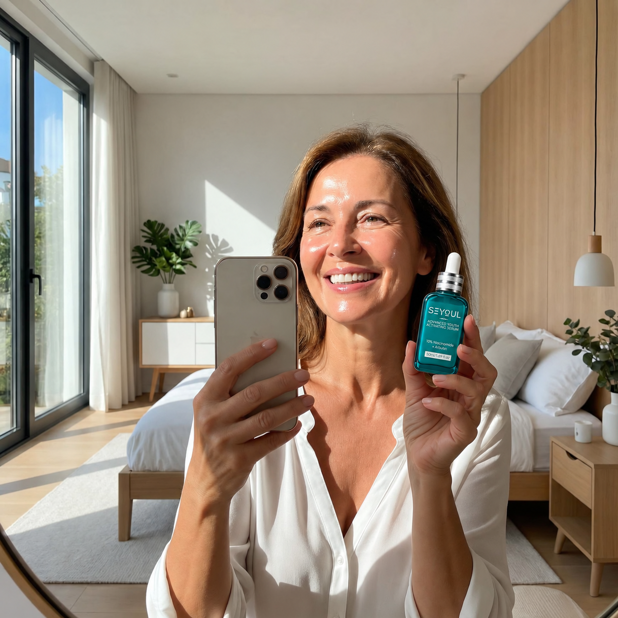 Mujer sonriendo frente al espejo y sosteniendo el sérum SEYOUL